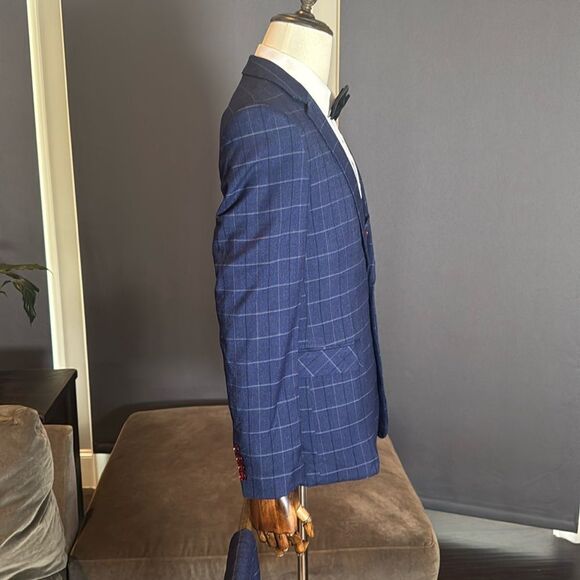 Men’s Blue Plaid 3 Piece Slim Fit Suit Notched Lapel Jacket 40 Pants 40 NWT - Picture 3 of 16